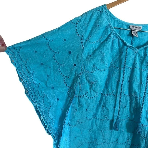 Catherine’s Blue Blouse 4X Eyelet Cutouts Flower Embroidered Flared Short Sleeve - Picture 3 of 8